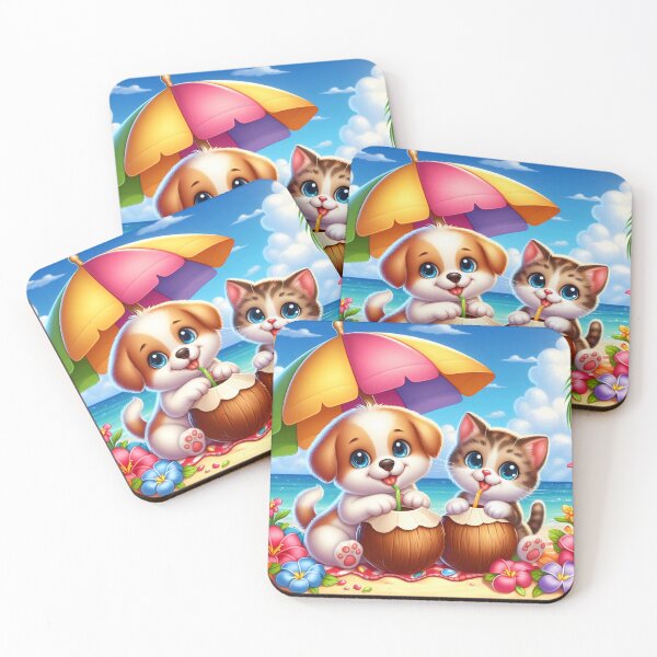 Item preview, Cute Dog Cat Coconut Beach Cartoon designed and sold by CuteThingsWorld.