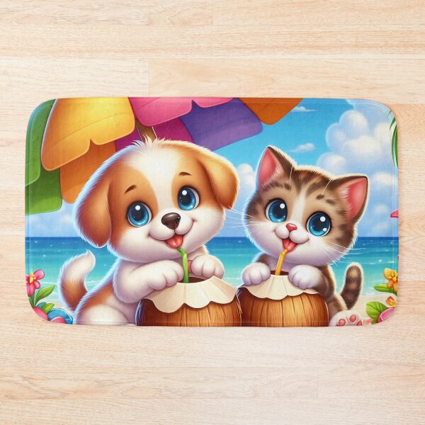 Item preview, Cute Dog Cat Coconut Beach Cartoon designed and sold by CuteThingsWorld.
