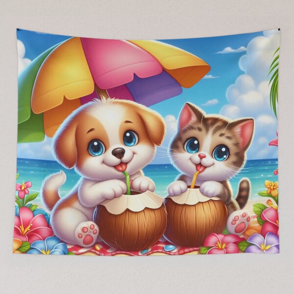 Item preview, Cute Dog Cat Coconut Beach Cartoon designed and sold by CuteThingsWorld.