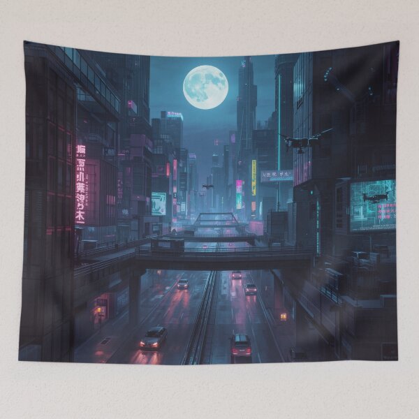 Item preview, Cyberpunk Night City – Neon Lights & Full Moon Futuristic Skyline designed and sold by Visualynx.