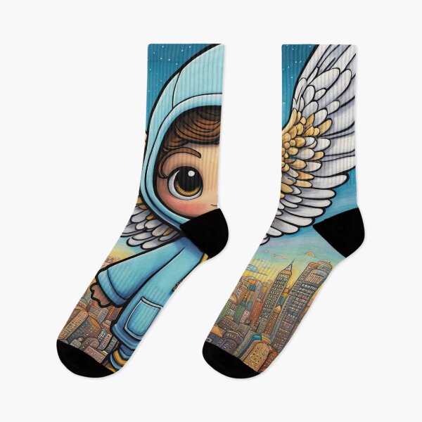 Item preview, Angel with wings wearing a hoodie flying above a city designed and sold by Colin Bentham.