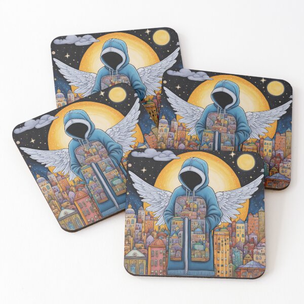 Item preview, Angel with wings wearing a hoodie flying above a city designed and sold by Colin Bentham.