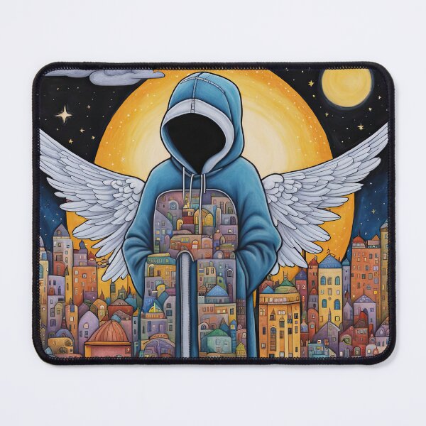 Item preview, Angel with wings wearing a hoodie flying above a city designed and sold by Colin Bentham.