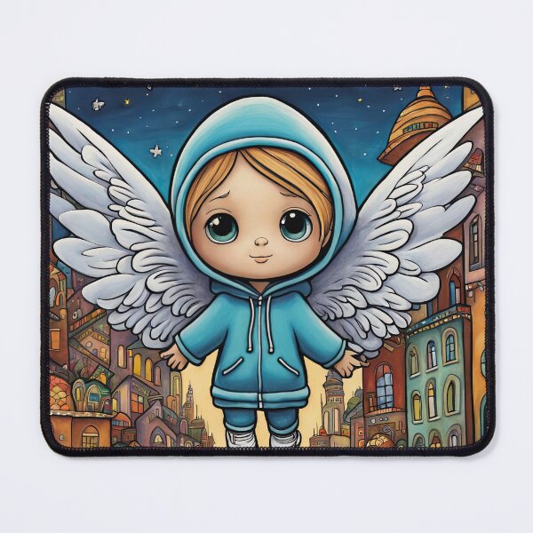Item preview, Angel with wings wearing a hoodie flying above a city designed and sold by Colin Bentham.
