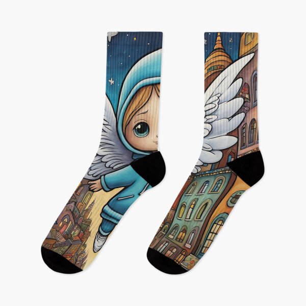 Item preview, Angel with wings wearing a hoodie flying above a city designed and sold by Colin Bentham.