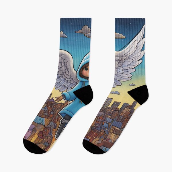Item preview, Angel with wings wearing a hoodie flying above a city designed and sold by Colin Bentham.