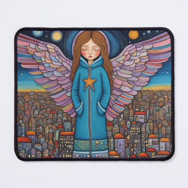 Item preview, Angel with wings wearing a hoodie flying above a city designed and sold by Colin Bentham.