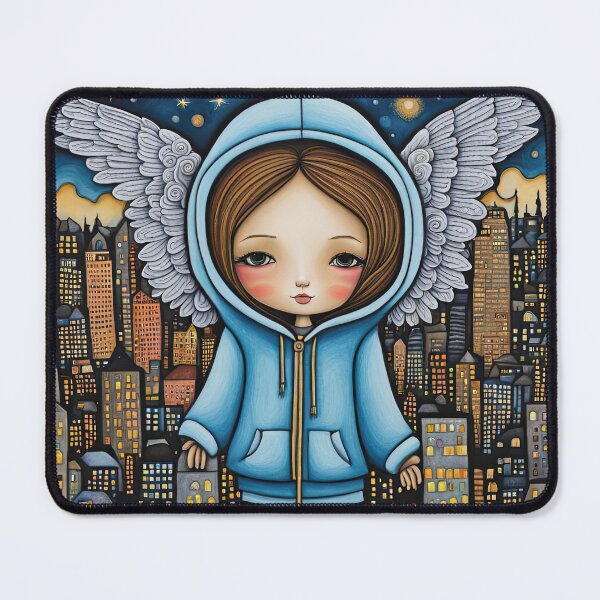 Item preview, Angel with wings wearing a hoodie flying above a city designed and sold by Colin Bentham.