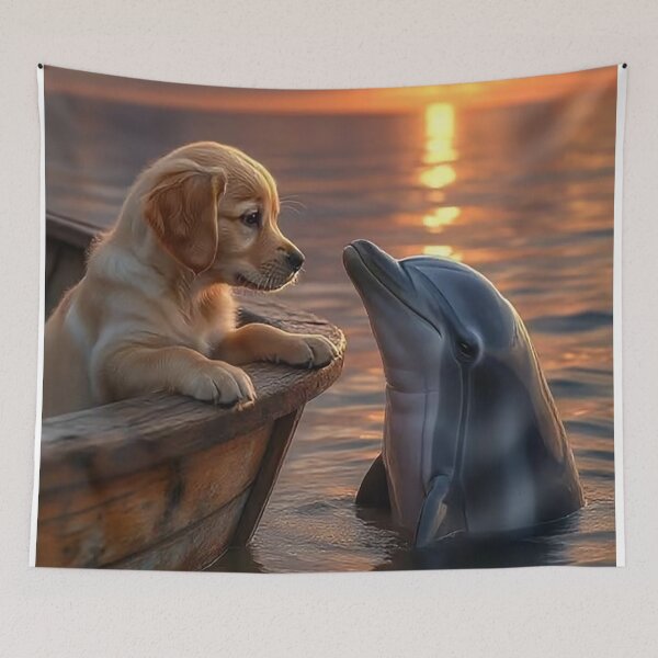Item preview, Gentle Animal Encounter at Sunset – Puppy and Dolphin designed and sold by AmetistLight.