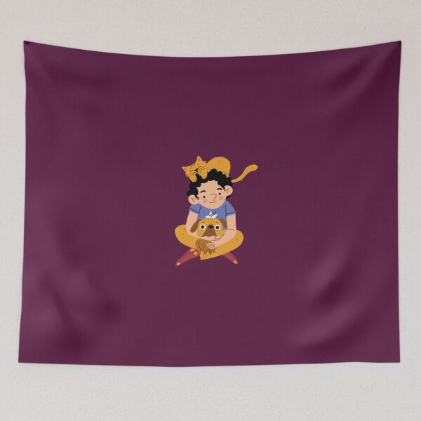 Item preview,  Sweet Smiling Boy Who Loves Animals with a Dog and Cat Playing on His Head designed and sold by nada-art.