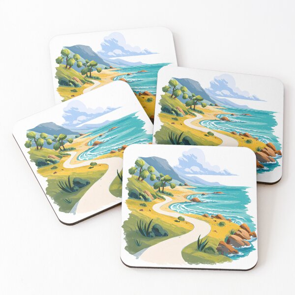 Item preview, Tropical Beach Path Illustration - Golden Sandy Cove with Palm Trees & Turquoise Ocean Art Print designed and sold by DesignArtist.ia.