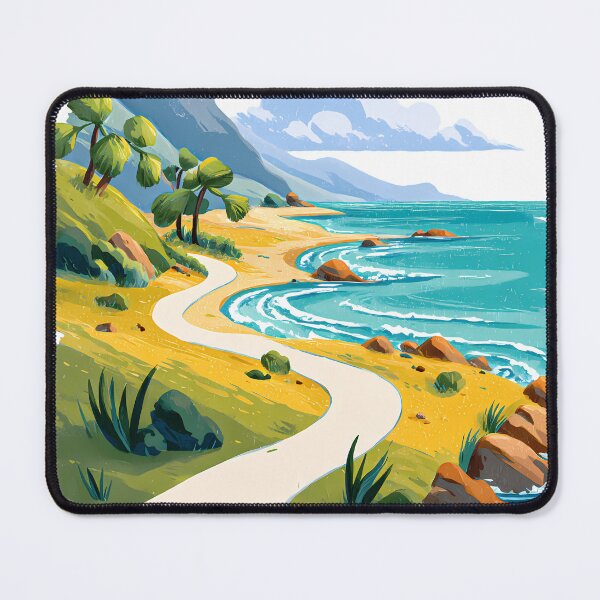 Item preview, Tropical Beach Path Illustration - Golden Sandy Cove with Palm Trees & Turquoise Ocean Art Print designed and sold by DesignArtist.ia.