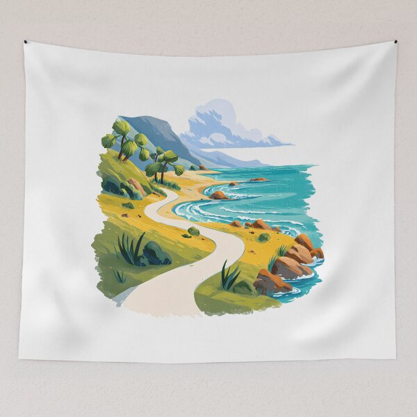 Item preview, Tropical Beach Path Illustration - Golden Sandy Cove with Palm Trees & Turquoise Ocean Art Print designed and sold by DesignArtist.ia.