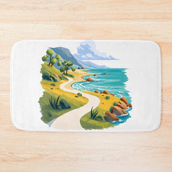 Item preview, Tropical Beach Path Illustration - Golden Sandy Cove with Palm Trees & Turquoise Ocean Art Print designed and sold by DesignArtist.ia.