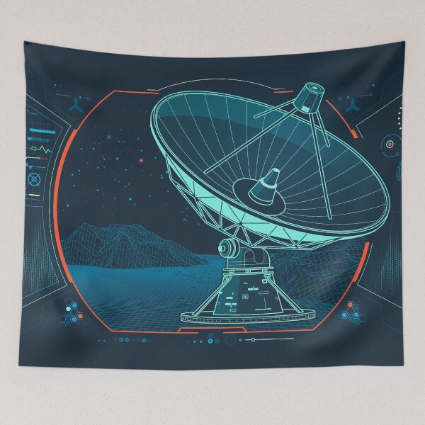 Item preview, telecommunication technology, graphic of lined satellite dish with dotted wavelength and system interface designed and sold by NiamLab.