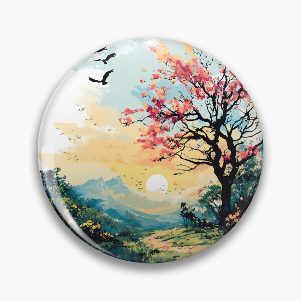 Item preview, Dreamy Sunset Blossom Tree Illustration - Vibrant Pink Cherry Blossom Landscape with Birds & Mountains Art Print designed and sold by DesignArtist.ia.