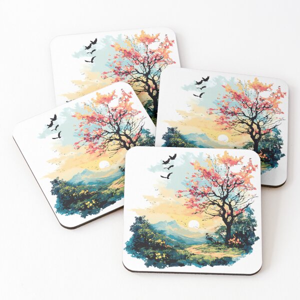 Item preview, Dreamy Sunset Blossom Tree Illustration - Vibrant Pink Cherry Blossom Landscape with Birds & Mountains Art Print designed and sold by DesignArtist.ia.
