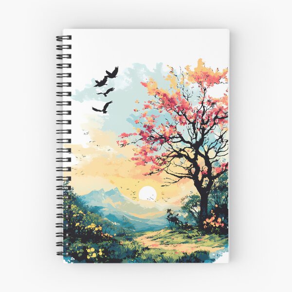 Item preview, Dreamy Sunset Blossom Tree Illustration - Vibrant Pink Cherry Blossom Landscape with Birds & Mountains Art Print designed and sold by DesignArtist.ia.
