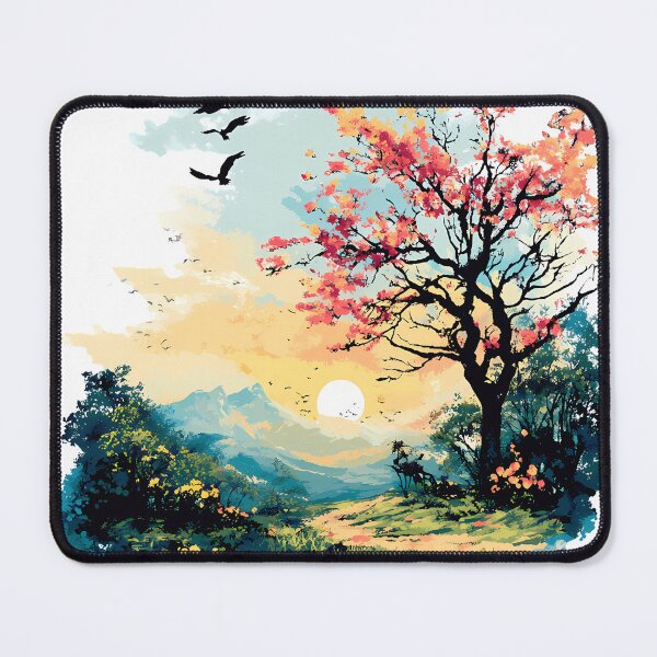 Item preview, Dreamy Sunset Blossom Tree Illustration - Vibrant Pink Cherry Blossom Landscape with Birds & Mountains Art Print designed and sold by DesignArtist.ia.