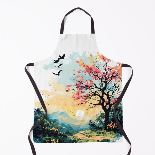 Item preview, Dreamy Sunset Blossom Tree Illustration - Vibrant Pink Cherry Blossom Landscape with Birds & Mountains Art Print designed and sold by DesignArtist.ia.