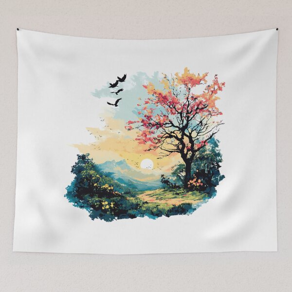 Item preview, Dreamy Sunset Blossom Tree Illustration - Vibrant Pink Cherry Blossom Landscape with Birds & Mountains Art Print designed and sold by DesignArtist.ia.