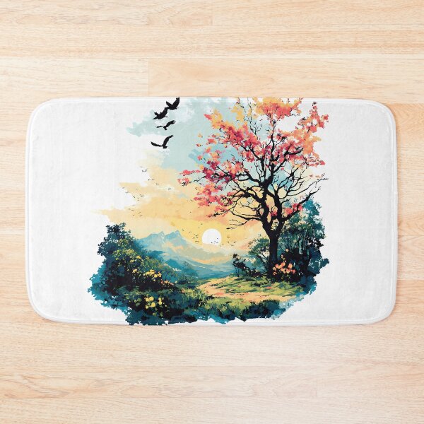 Item preview, Dreamy Sunset Blossom Tree Illustration - Vibrant Pink Cherry Blossom Landscape with Birds & Mountains Art Print designed and sold by DesignArtist.ia.
