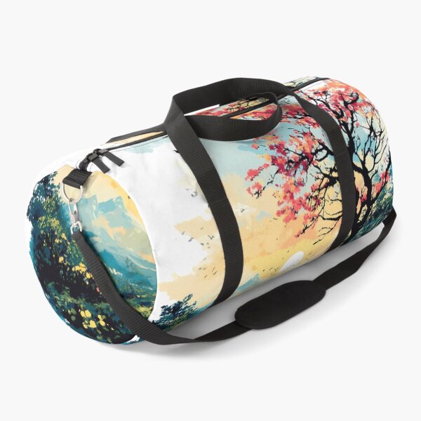 Item preview, Dreamy Sunset Blossom Tree Illustration - Vibrant Pink Cherry Blossom Landscape with Birds & Mountains Art Print designed and sold by DesignArtist.ia.