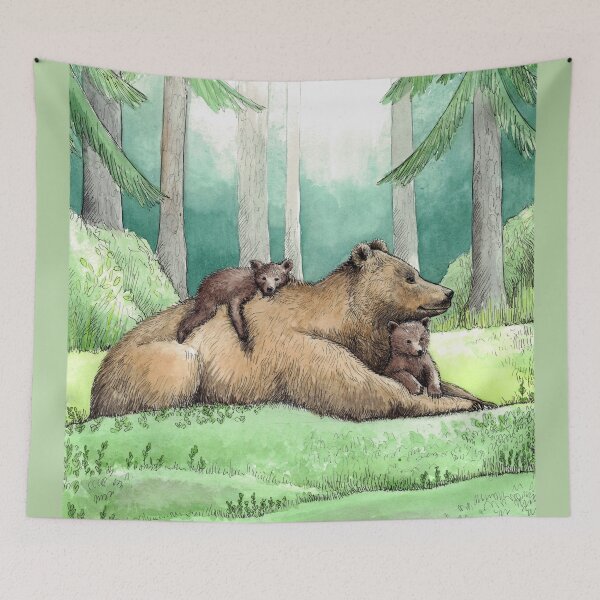 Item preview, Baby Bear Cubs with Mama Bear – Nordic Wildlife Watercolor and Ink Illustration designed and sold by Maria Välja ART.