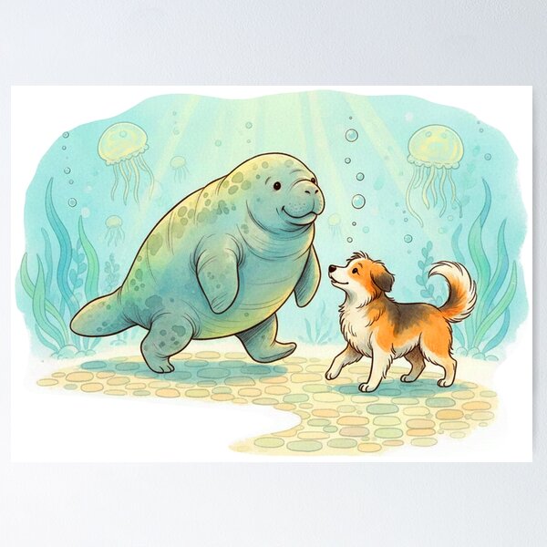 Item preview, Watercolor Manatee Walking a Dog designed and sold by Litely.