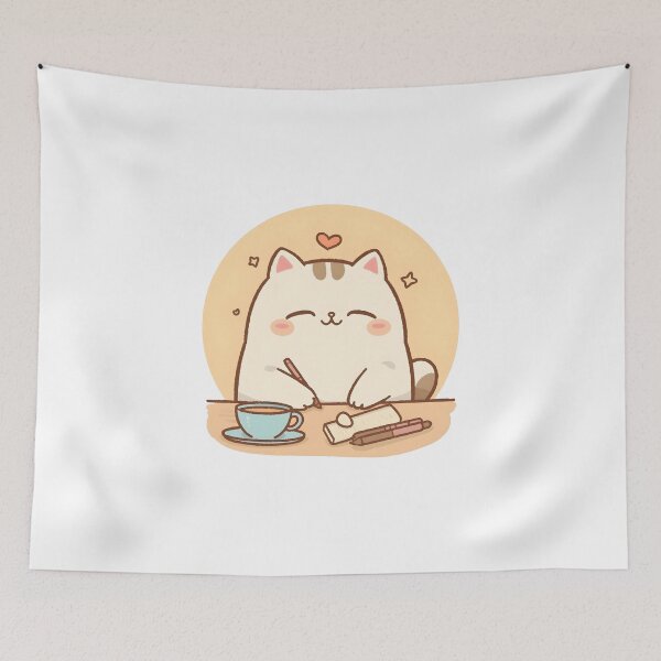 Item preview, Sleepy Cat Falling Asleep While Writing Journal | Cozy Cafe Cat Illustration designed and sold by SlowDayFriends.