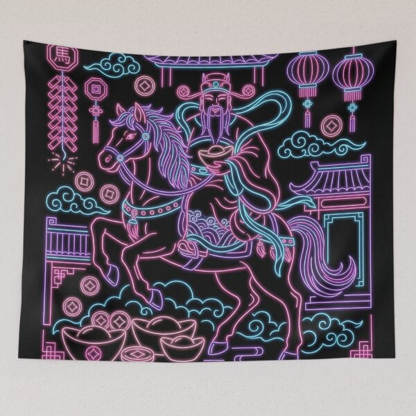 Item preview, Neon Caishen Riding Horse Cyberpunk Prosperity Art designed and sold by zzz888.