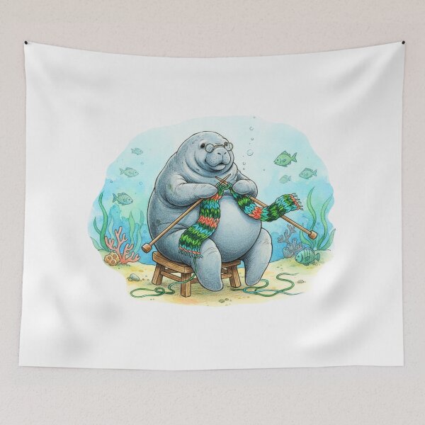 Item preview, Watercolor Manatee Knitting a Scarf designed and sold by Litely.