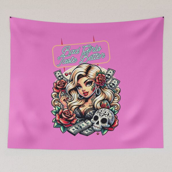 Item preview, Bad Girls Taste Better – Pin Up Girl, Roses & Sugar Skull Tattoo Style designed and sold by JagabondCustom.