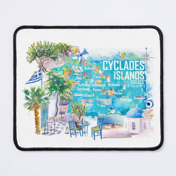 Item preview, Cyclades Islands Greece Illustrated Travel Map with Iconic Highlights Santorini, Mykonos, Milos, Syros, Naxos designed and sold by artshop77.