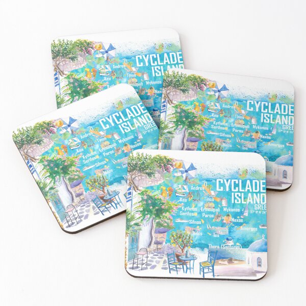 Item preview, Cyclades Islands Greece Illustrated Travel Map with Iconic Highlights Santorini, Mykonos, Milos, Syros, Naxos designed and sold by artshop77.