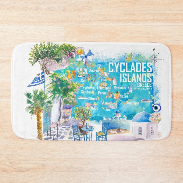 Item preview, Cyclades Islands Greece Illustrated Travel Map with Iconic Highlights Santorini, Mykonos, Milos, Syros, Naxos designed and sold by artshop77.