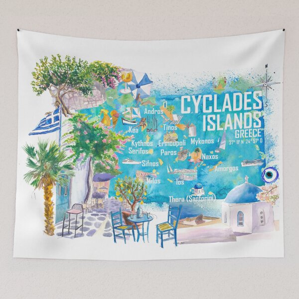 Item preview, Cyclades Islands Greece Illustrated Travel Map with Iconic Highlights Santorini, Mykonos, Milos, Syros, Naxos designed and sold by artshop77.
