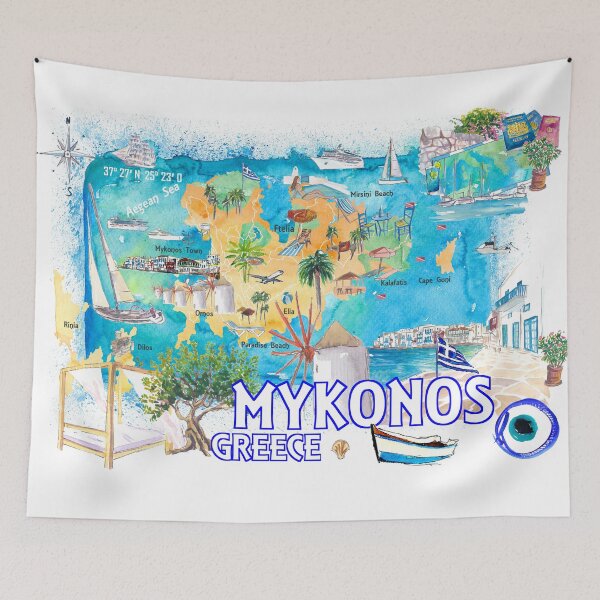 Item preview, Mykonos Greece Cyclades Illustrated Island Map with Iconic Highlights - Vertical Edition designed and sold by artshop77.