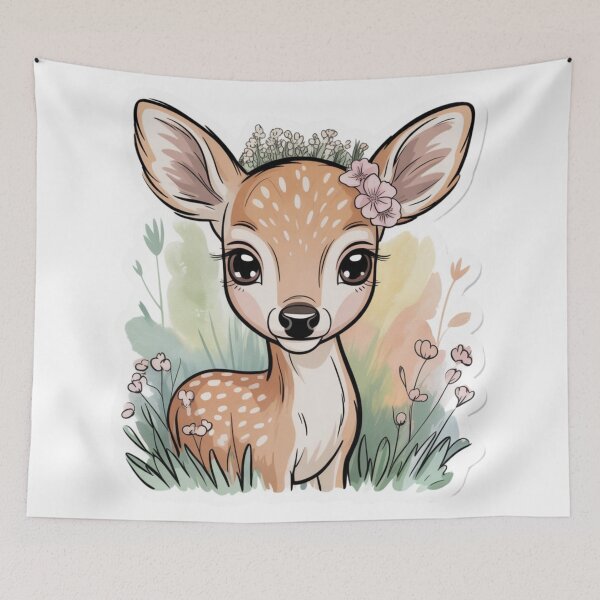 Item preview, Cute Fawn with Flowers Kawaii Watercolor Art designed and sold by DailySparks.