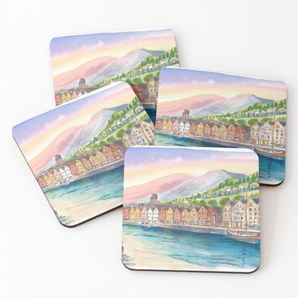 Item preview, Colorful Bryggen Hanseatic Houses Reflected in Bergen Norway Harbor designed and sold by artshop77.
