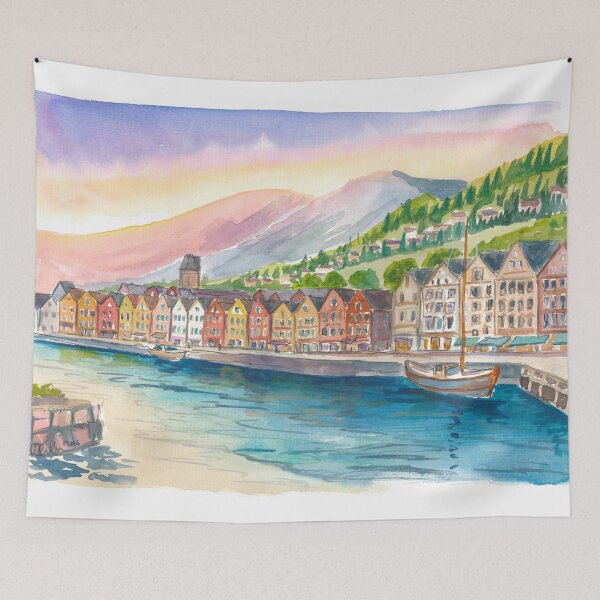 Item preview, Colorful Bryggen Hanseatic Houses Reflected in Bergen Norway Harbor designed and sold by artshop77.