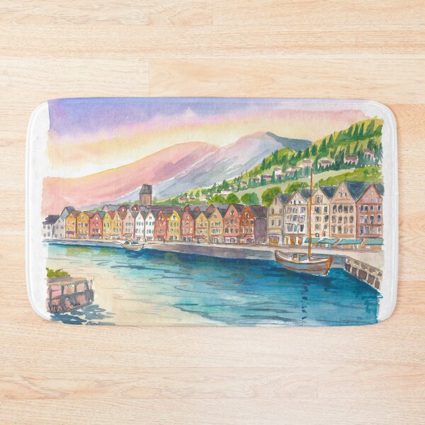 Item preview, Colorful Bryggen Hanseatic Houses Reflected in Bergen Norway Harbor designed and sold by artshop77.