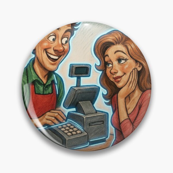 Item preview, Cartoon cashier and customer flirt at checkout with neon blue border designed and sold by Creative88Art.
