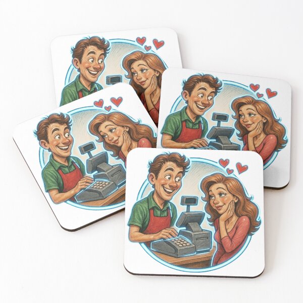 Item preview, Cartoon cashier and customer flirt at checkout with neon blue border designed and sold by Creative88Art.