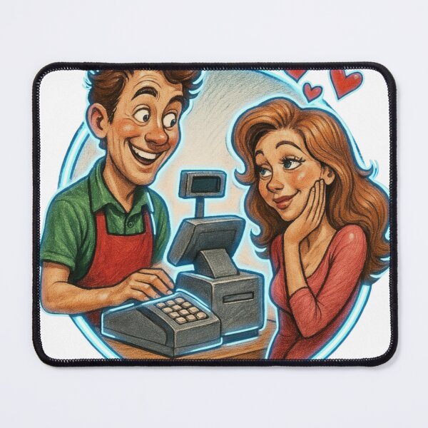 Item preview, Cartoon cashier and customer flirt at checkout with neon blue border designed and sold by Creative88Art.