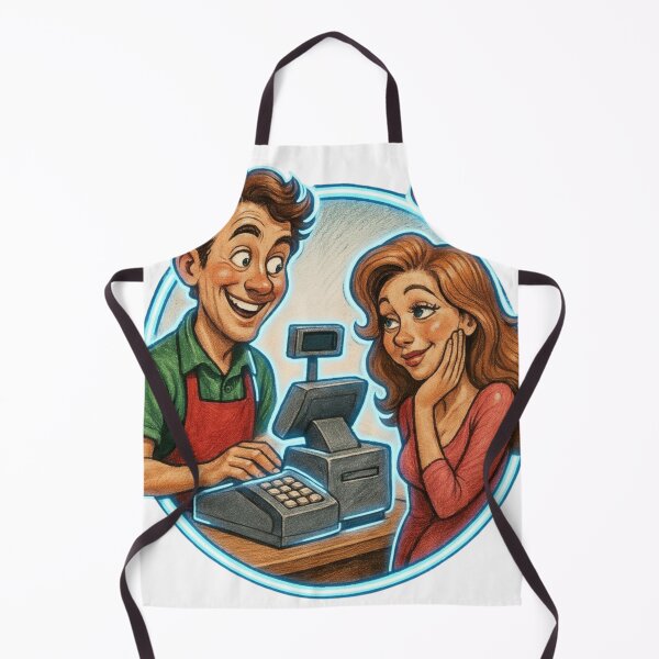 Item preview, Cartoon cashier and customer flirt at checkout with neon blue border designed and sold by Creative88Art.