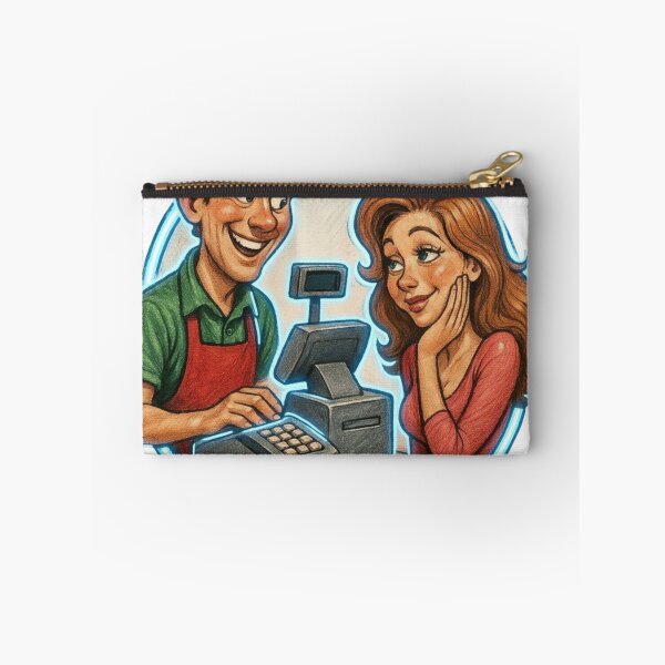 Item preview, Cartoon cashier and customer flirt at checkout with neon blue border designed and sold by Creative88Art.