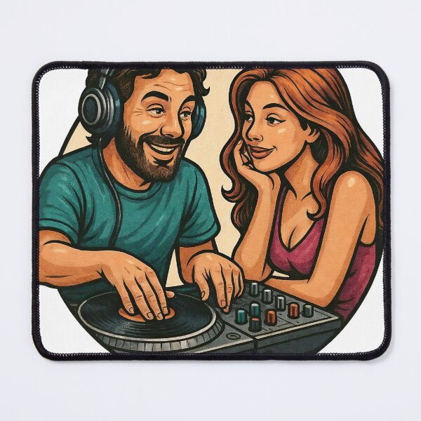 Item preview, Retro DJ session with turntable, mixer, and woman watching nearby designed and sold by Creative88Art.