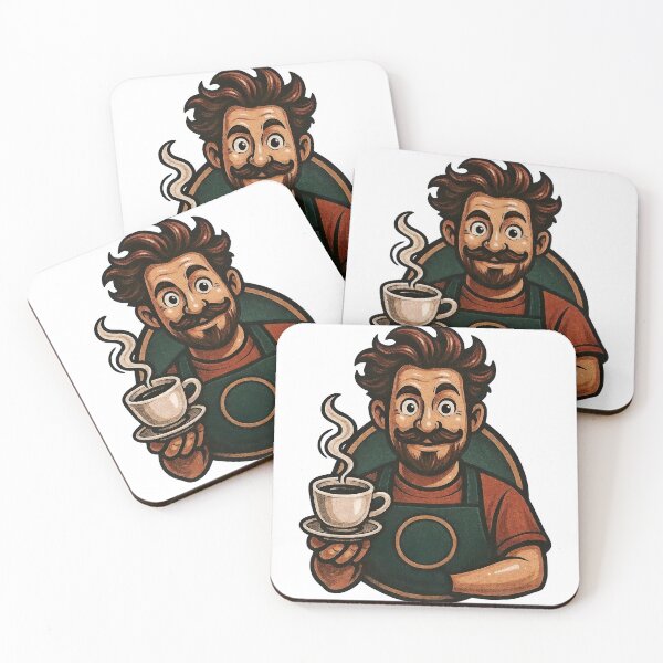 Item preview, Cartoon barista with curled mustache holds steaming coffee cup designed and sold by Creative88Art.