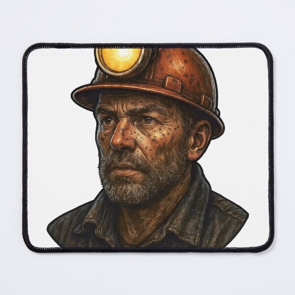Item preview, Gritty underground miner with hard hat lamp on black background designed and sold by Creative88Art.